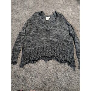 White Crow Womens Distressed Marled Knit V-Neck Oversized Sweater Black White S